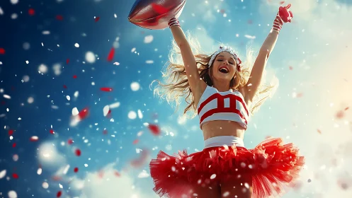 Cheerleader celebrates victory under confetti-filled sky.