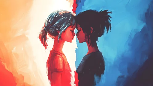 Two girls facing closely with warm and cool color split