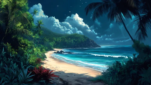 Tropical Paradise Beach Cove with Palm-Lined Shore.