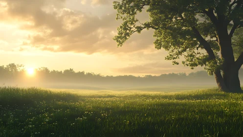 Low-angle sunrise over dewy meadow with volumetric atmospheric haze