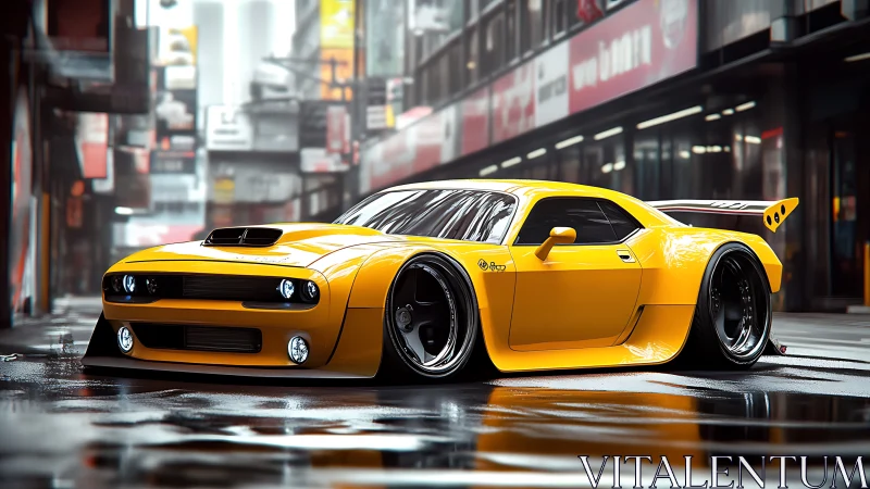 Widebody yellow muscle car render on wet neon city street