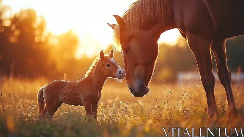 Golden hour mare and foal rendered in warm backlit detail