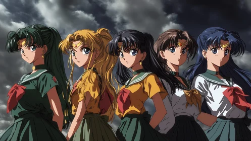 Stormlit anime warriors in school uniforms stand united.