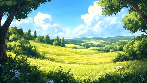 Sunlit meadow rolls toward distant hills under bright clouds