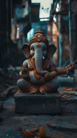 Serene Ganesha statue glowing softly in a quiet alleyway.