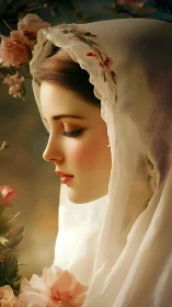 Serene veiled portrait amid roses in warm diffused light.