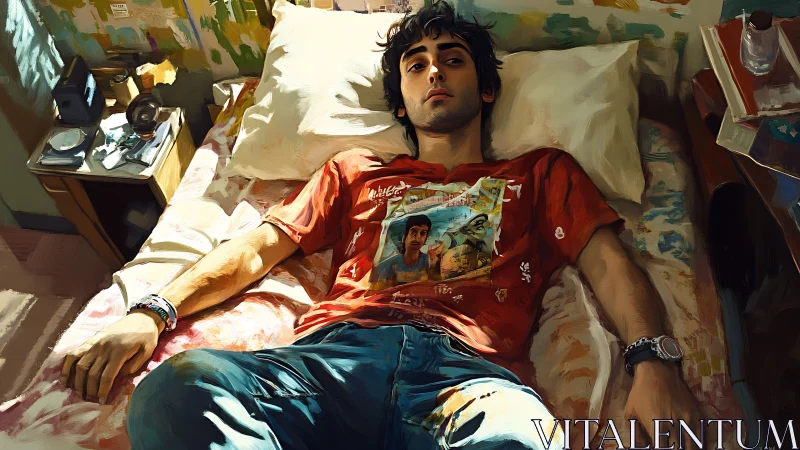 Young man lies on bed in cluttered, painted bedroom