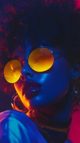 Portrait shows subject in colored rim lighting with tinted glasses