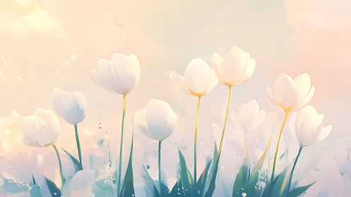 White Tulips in Soft Morning Light Against Pastel Sky.