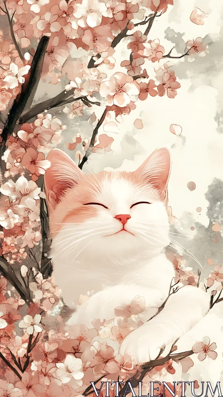 White cat with pink ears rests beneath blooming cherry branches
