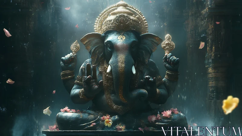 Divine ganesha idol glows within misty temple sanctum