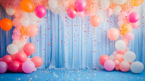 Vibrant Balloon Backdrop with Beaded Fringe and Confetti Display.
