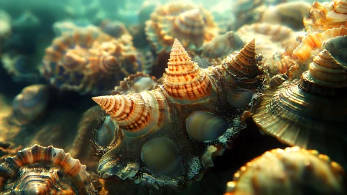 Spiral sea shells on seabed in warm underwater light.