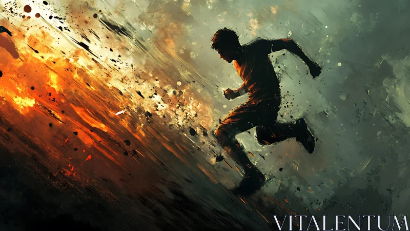 Dynamic runner silhouette in abstract fiery kinetic motion field.