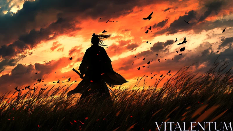 Lone dusk samurai stirring wild grass beneath burning skies.