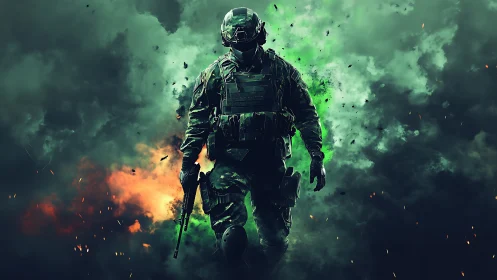 Tactical operator emerging through bicolored explosive fog.