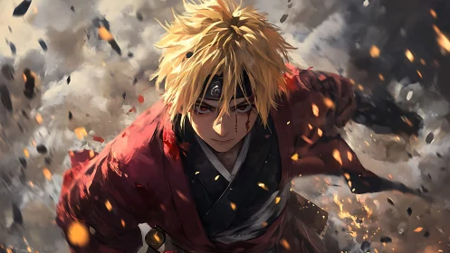 Battle-scarred blond ninja charging through embered smoke.