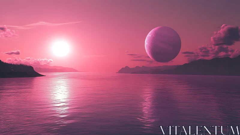 Monochrome magenta alien seascape with levitating cratered moon