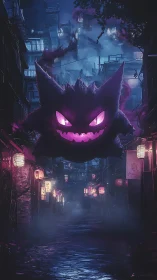 Ghostly purple creature floats over misty neon alley.