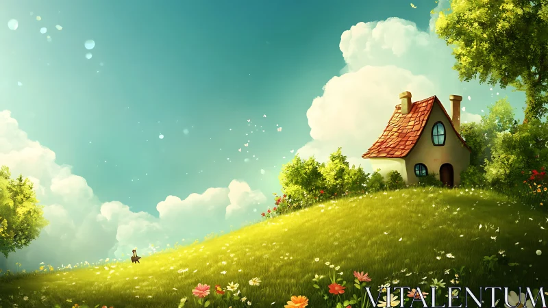 Sunlit cottage on rolling meadow under dreamy sky.