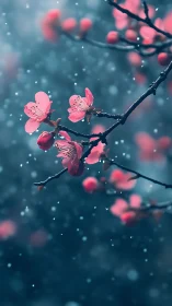 Pink blossoms suspended in crystalline snowfall with atmospheric depth.