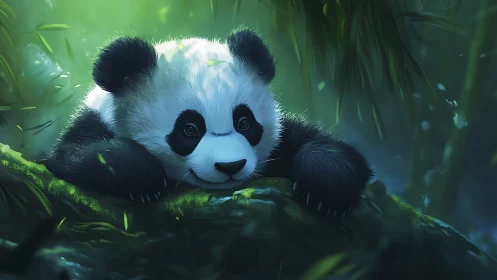 Juvenile giant panda resting on mossy log in dense forest.
