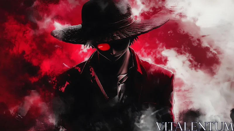 Shadowed figure with red eye stands in smoky red background