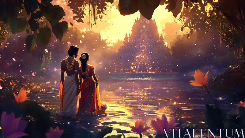 Lovers wade through lotus dusk toward a jewel-lit temple.