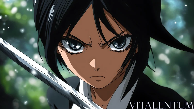 Steely eyed swordswoman locks gaze in a tense forest standoff.