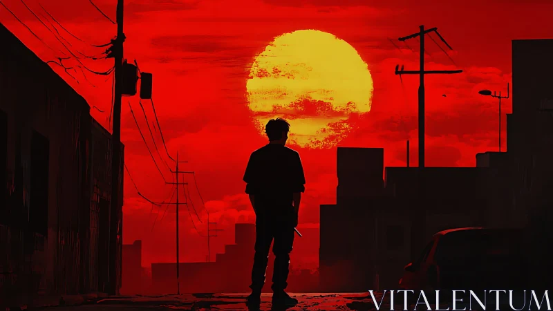 Silhouetted figure stands in urban street before large red sun