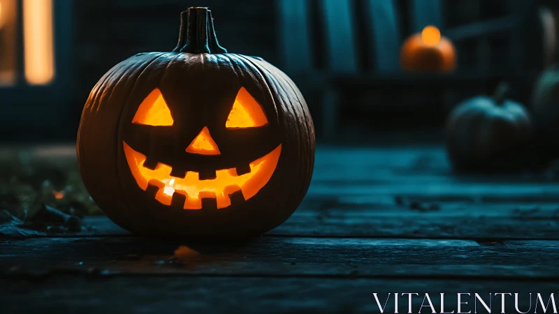 Glowing jack-o’-lantern smiles warmly on a spooky porch night