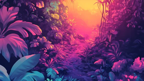 Tropical Foliage Gateway: Neon Gradient Botanical Landscape.