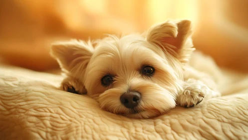 Small white dog resting on soft bed in warm golden light
