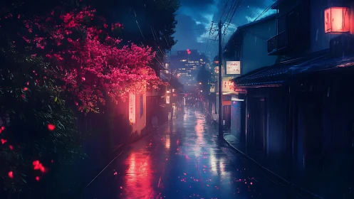 Neon rain whispers along a cherry-lit midnight alleyway.