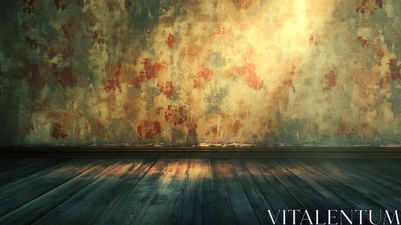 Vintage textured wall with wooden floor in moody atmospheric light.