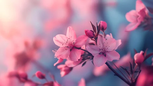Pink Cherry Blossoms Dance in Dreamy Blue Light.