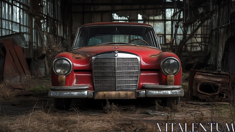 Weathered red vintage sedan decays inside derelict warehouse.
