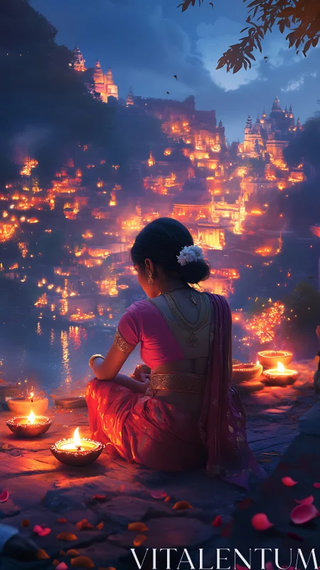 Woman by riverside temple city with numerous festival lamps.