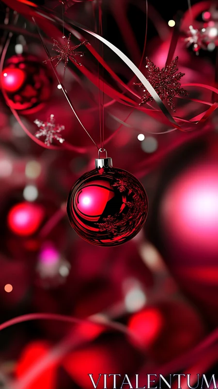 Red glass bauble floats amid ribbons and glittering snowflakes.