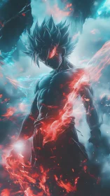Energy-charged warrior stands amid split red blue aura