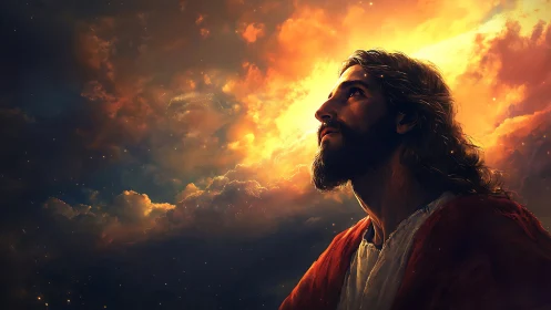 Digital painting of bearded man gazing toward radiant sky.