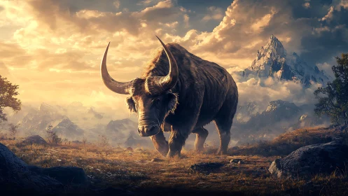 Massive horned beast strides toward viewer under stormy sky