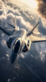 Stealth fighter jet cuts through stormlit cloud layers.
