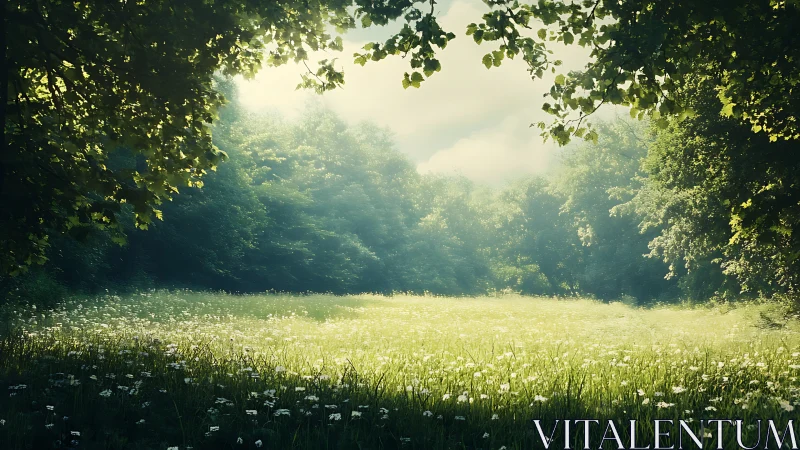 Sunlit meadow hush beneath a crown of whispering trees.