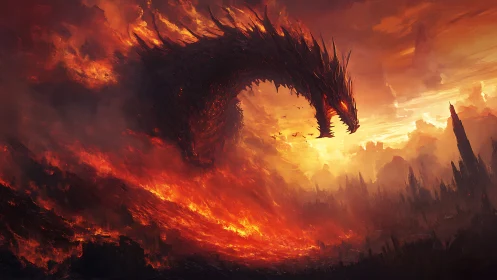 Infernal fire dragon over burning apocalyptic wasteland.