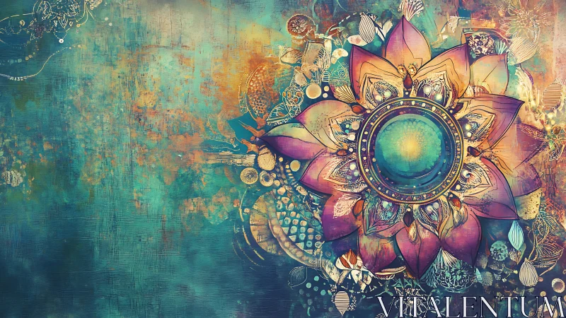 Radial mandala flower expands across textured teal field