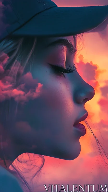 Profile portrait in cap against vivid pink clouds.