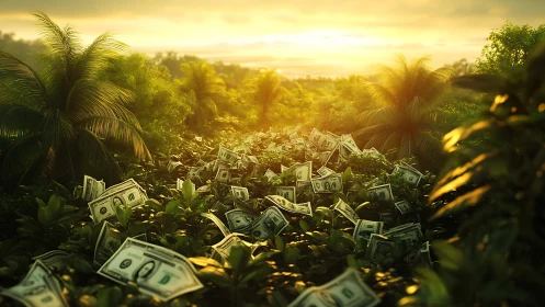 Money-strewn jungle glows under warm golden sunset light.