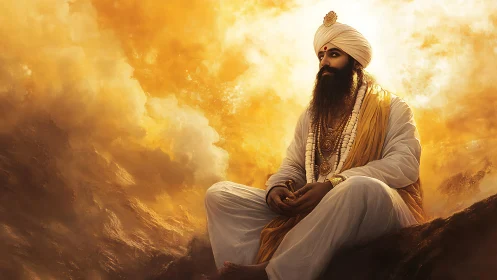 Mystic turbaned sage seated in golden celestial cloudscape