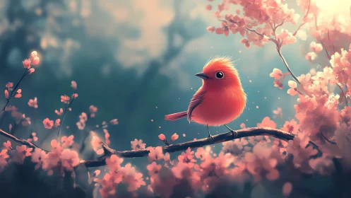 Small red bird rests on blooming branch in soft spring light